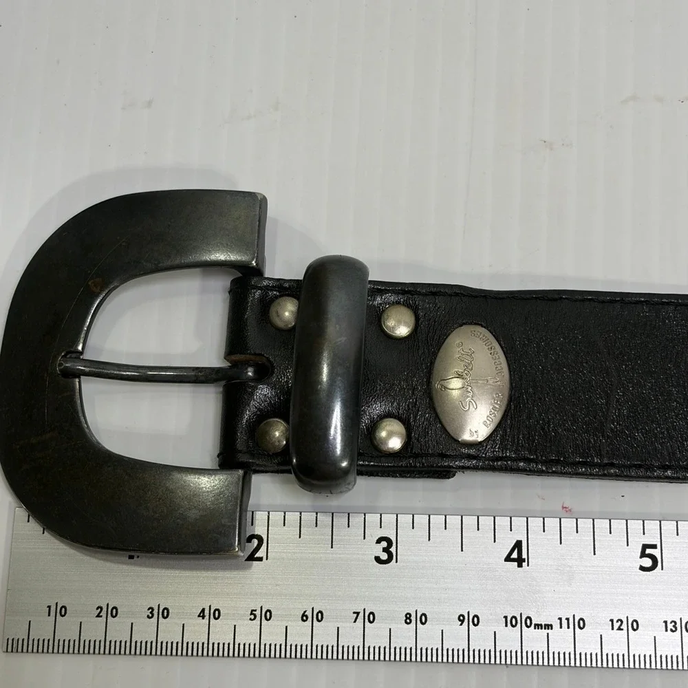 VTG Sunbelt Rosner Black Leather Y2K Western Studded Belt Gunmetal Buckle 36x1.5